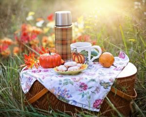 Picnic basket with floral cloth and plaid thermos on top.