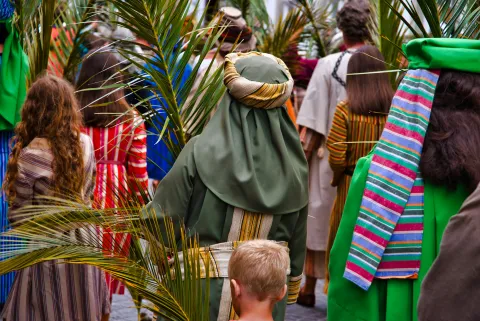 Back view of people carrying palm branches and wearing head coverings