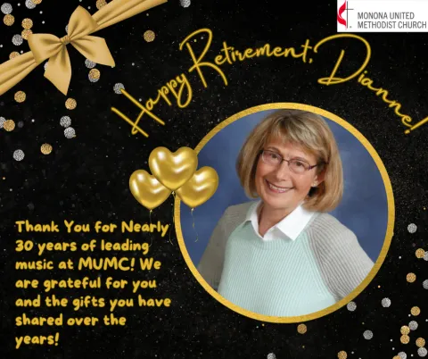 Gold and black graphic with a photo of Dianne Trotten and caption of "Happy Retirement, Dianne!"