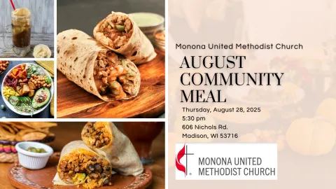 Pictures of burritos, a salad and root beer float with information about the August Community Meal date